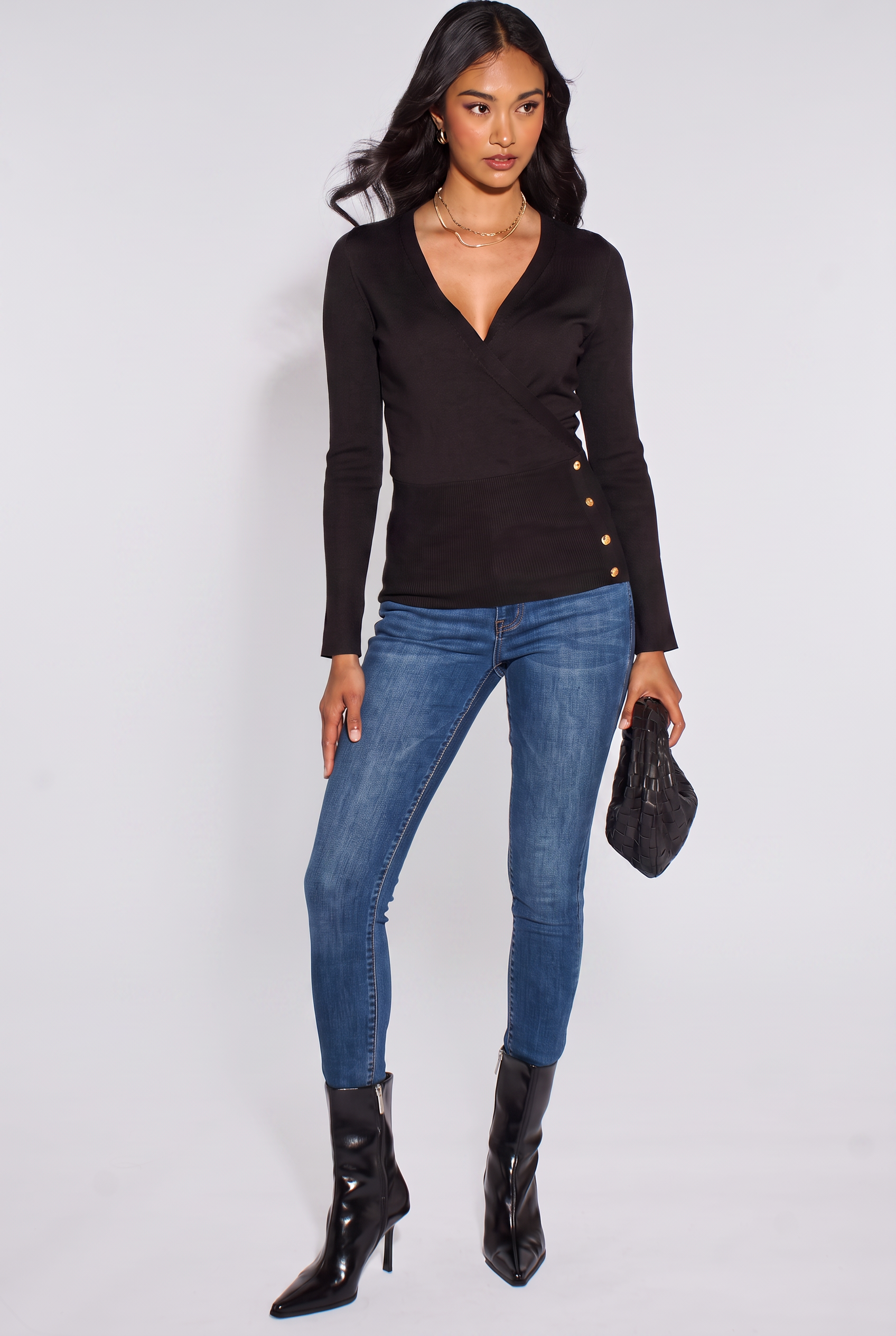 Black LS Wrap Front Gold Button Top GL2259