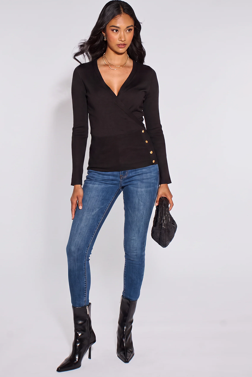 Black LS Wrap Front Gold Button Top GL2259