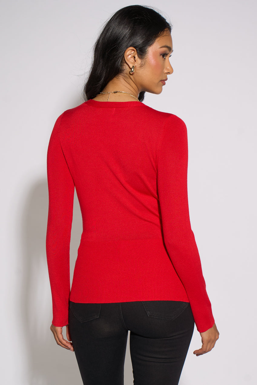 Red LS Wrap Front Gold Button Top GL2259