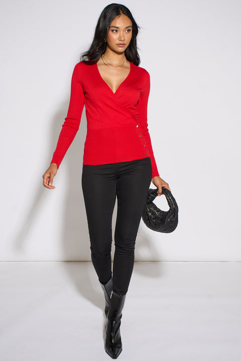 Red LS Wrap Front Gold Button Top by Gini London