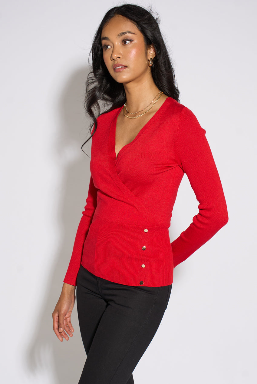 Red LS Wrap Front Gold Button Top GL2259