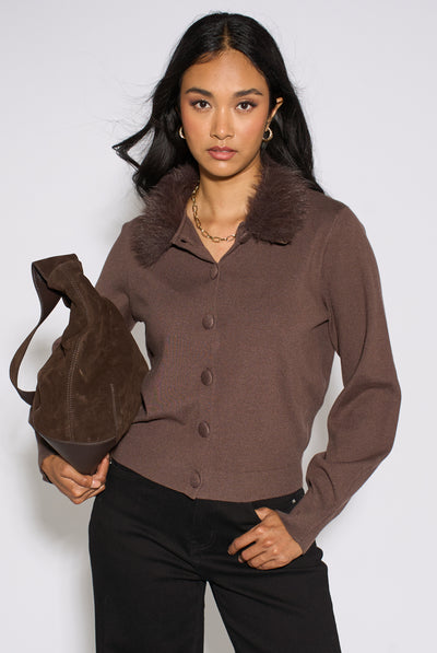 Brown - Brown Fur Trim Cardigan by Gini London