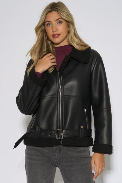 Black - Black Faux Leather Aviator Biker Jacket by Gini London