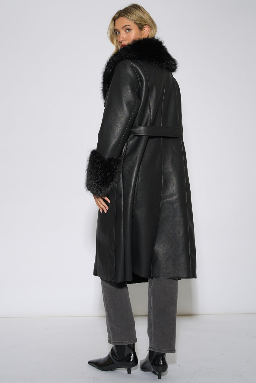 Black Fur Trim Faux Leather Wrap Longline Coat GL2276