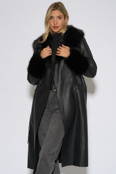 Black - Black Fur Trim Faux Leather Wrap Longline Coat by Gini London