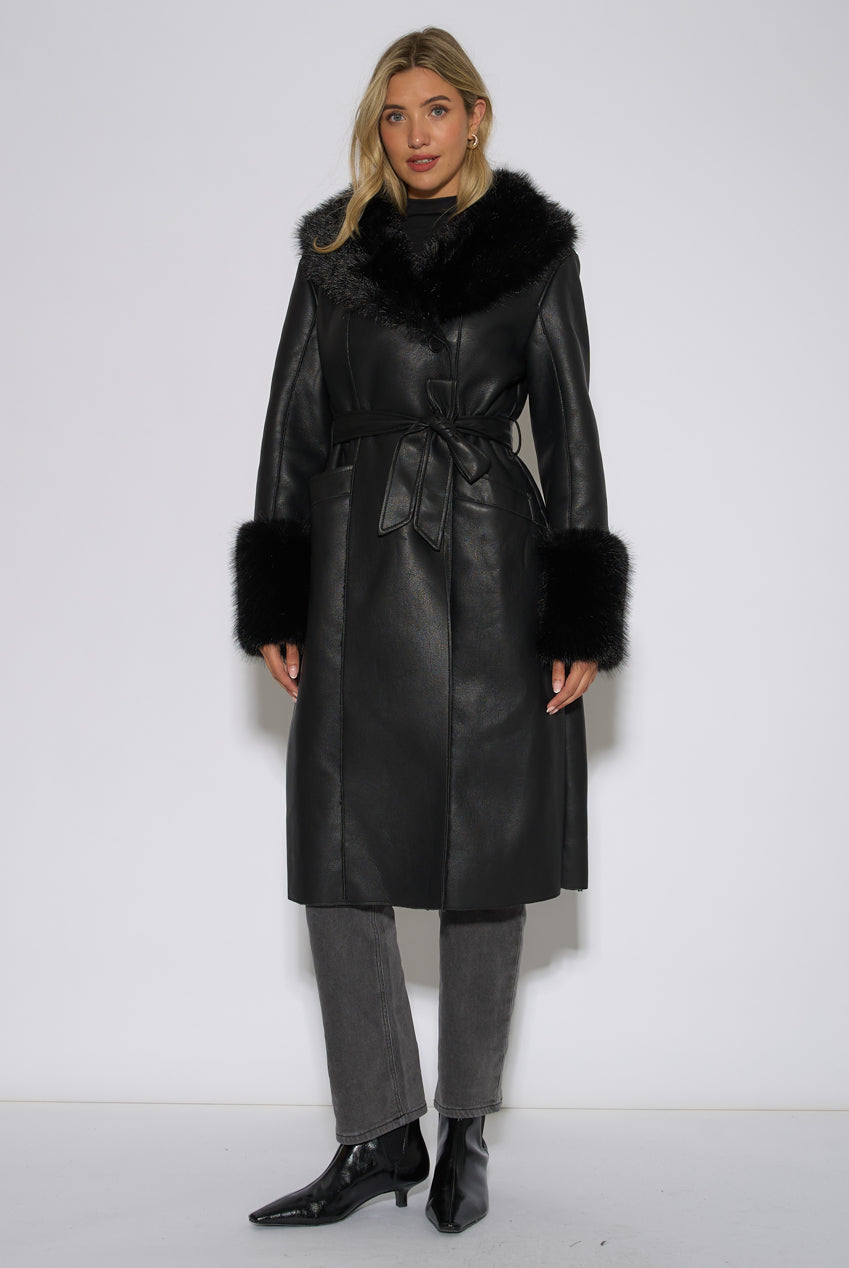 Black Fur Trim Faux Leather Wrap Longline Coat GL2276