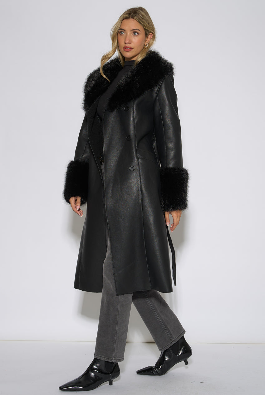 Black Fur Trim Faux Leather Wrap Longline Coat GL2276