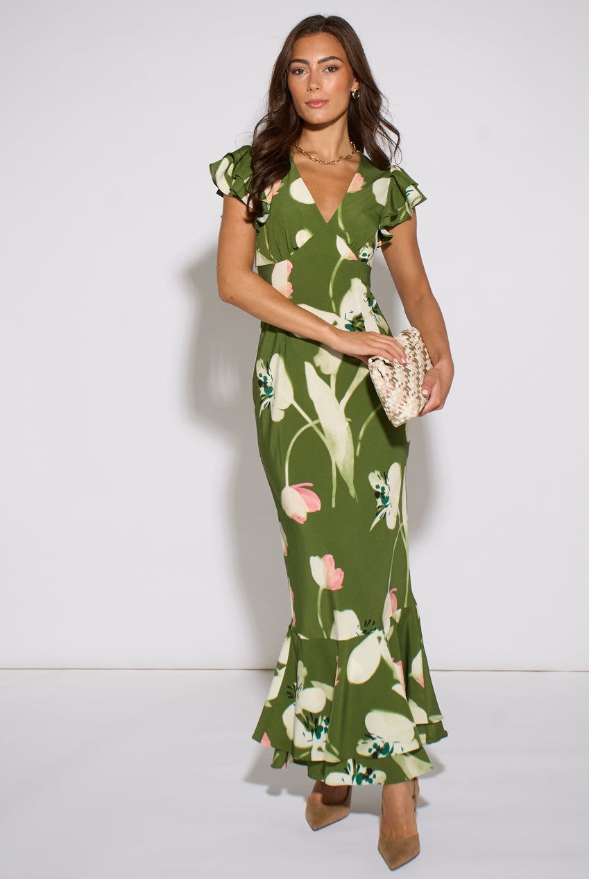 Green Floral Ruffle Maxi Dress GL2278