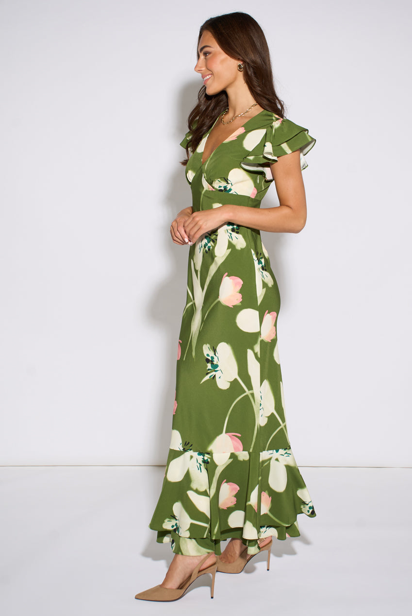 Green Floral Ruffle Maxi Dress GL2278
