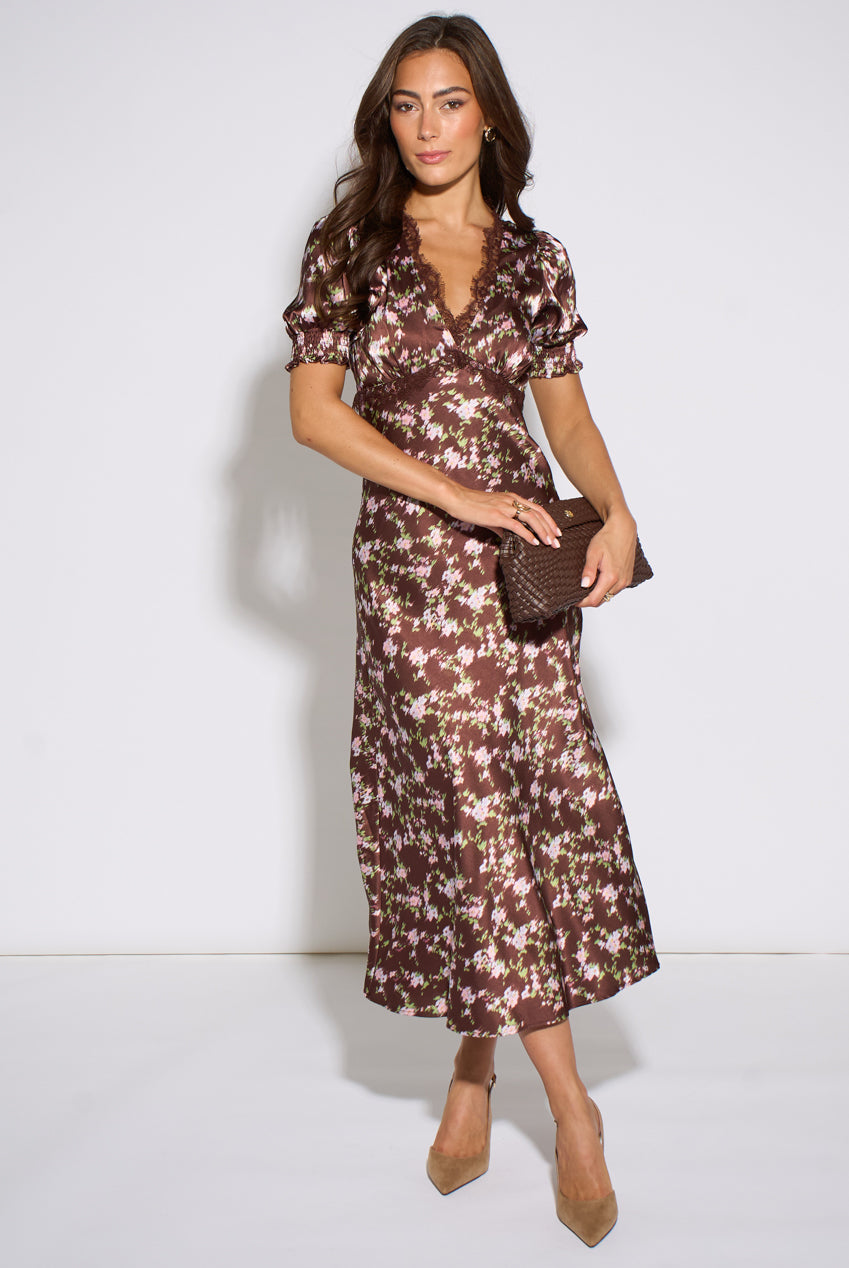 Brown Satin Floral Lace Midi Dress GL2279