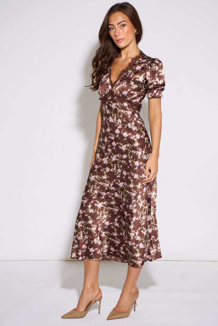 Brown Satin Floral Lace Midi Dress GL2279