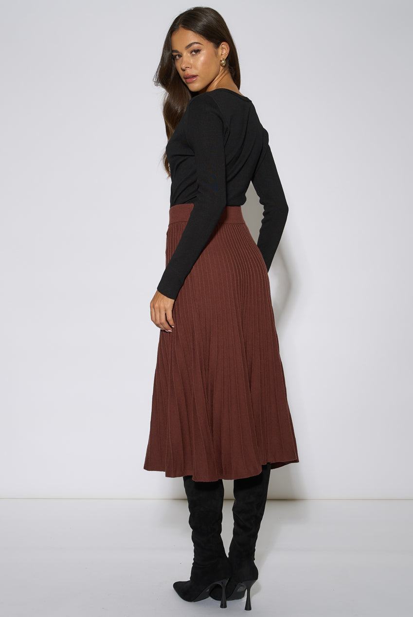 Brown Pleat Detail Knitted Flared Midi Skirt GL2283
