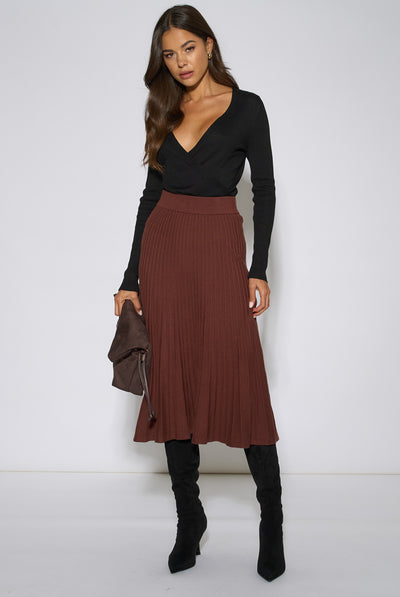 Brown - Brown Pleat Detail Knitted Flared Midi Skirt by Gini London