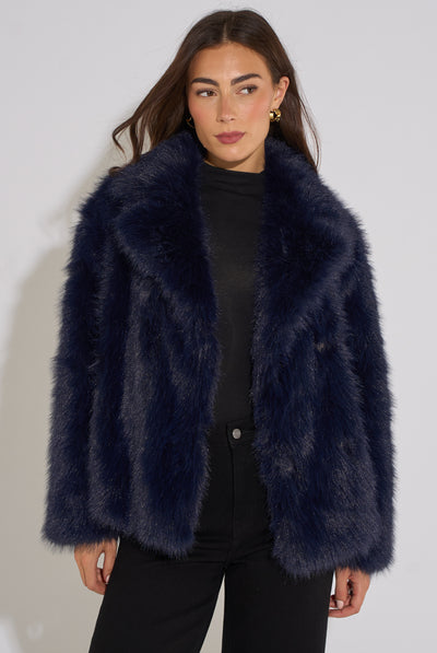 Dark Blue Faux Fur Jacket by Gini London