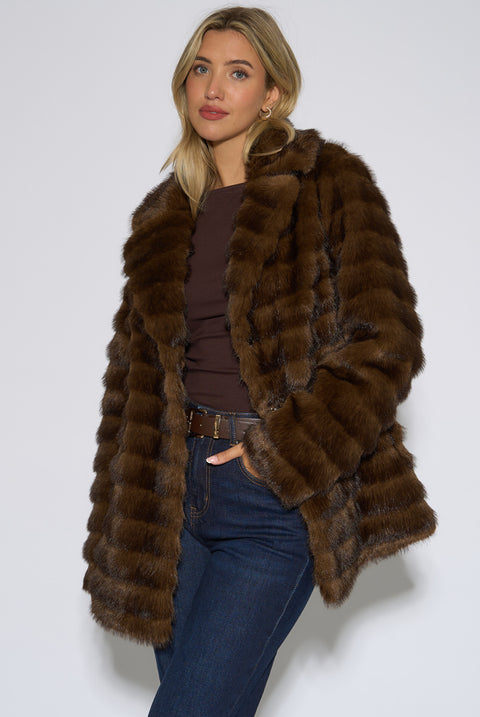 Brown Two Tone Faux Fur Longline Jacket by Gini London