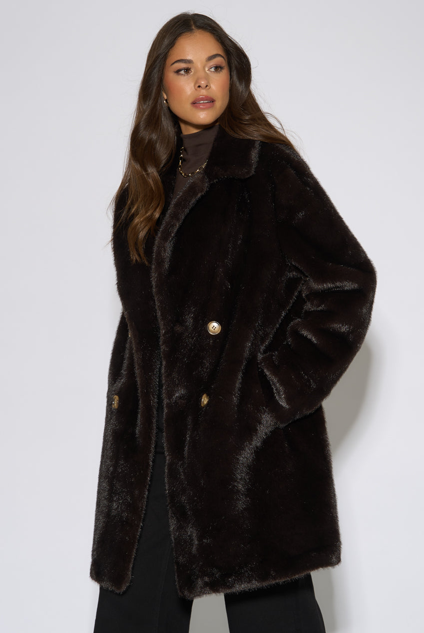 Bitter Chocolate Double Breasted Faux Fur Coat GL2300