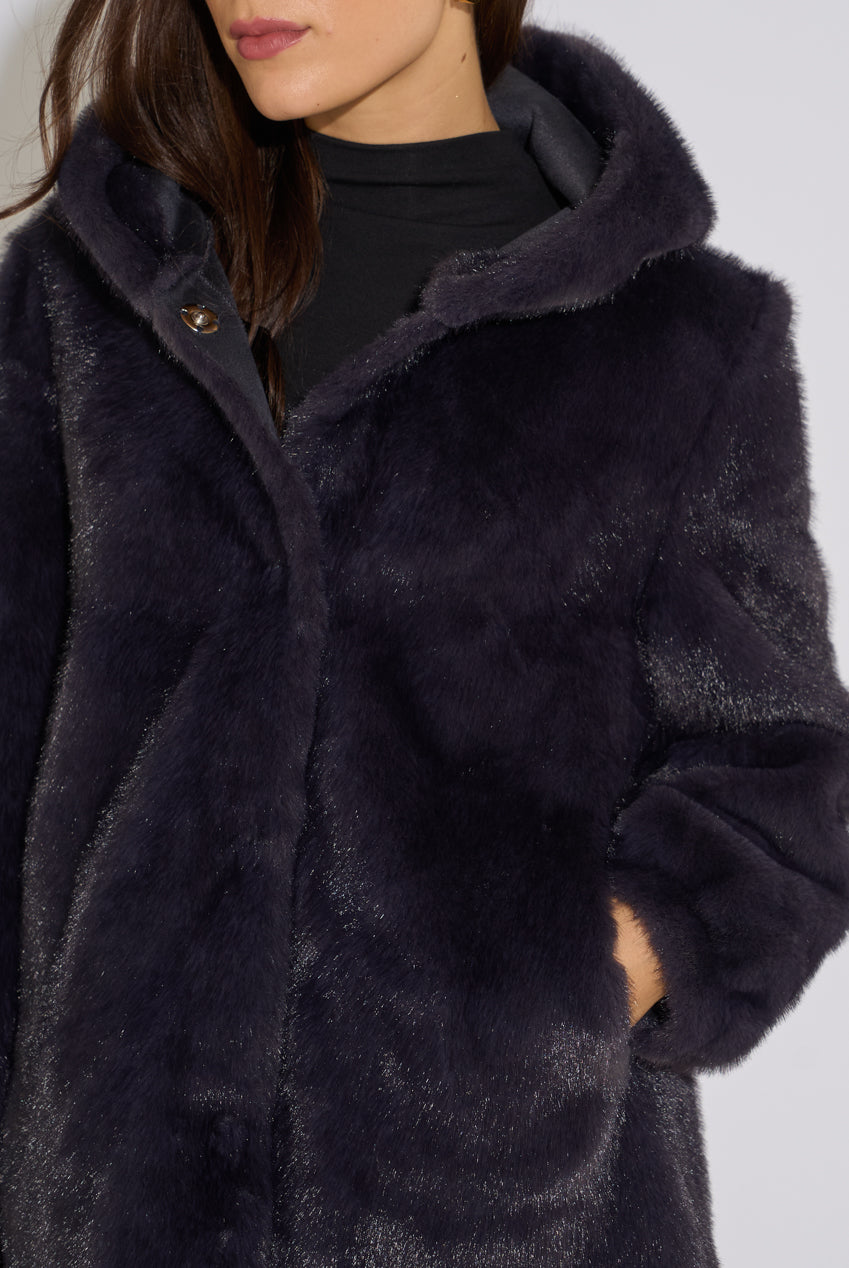 Charcoal Grey Hooded Faux Fur Mid Length Jacket GL2301