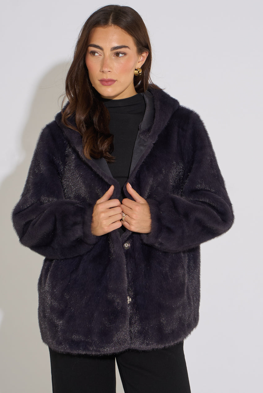 Charcoal Grey Hooded Faux Fur Mid Length Jacket GL2301
