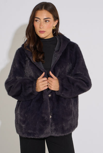 Charcoal - Charcoal Grey Hooded Faux Fur Mid Length Jacket by Gini London