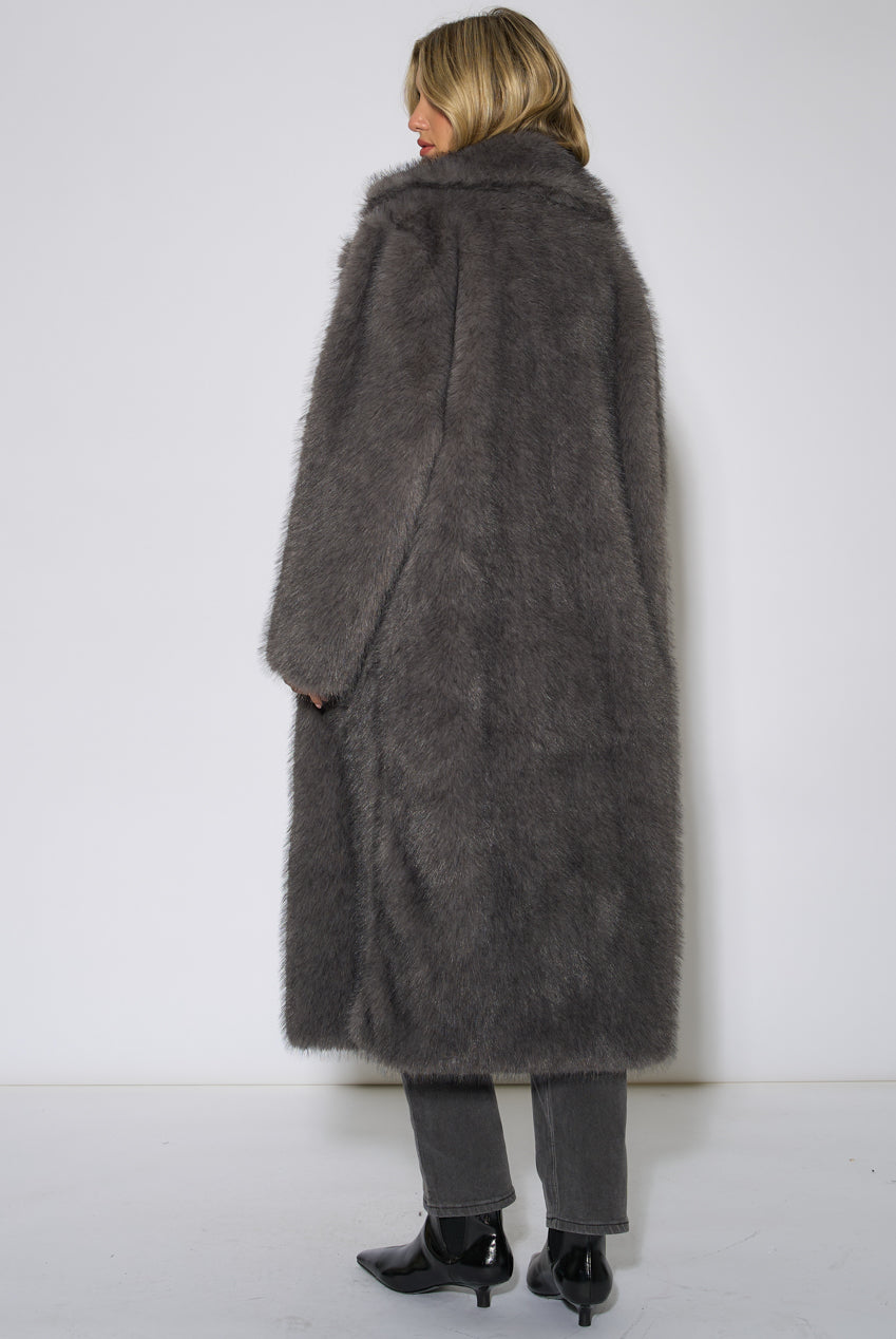 Grey Blue Belted Faux Fur Longline Jacket GL2302