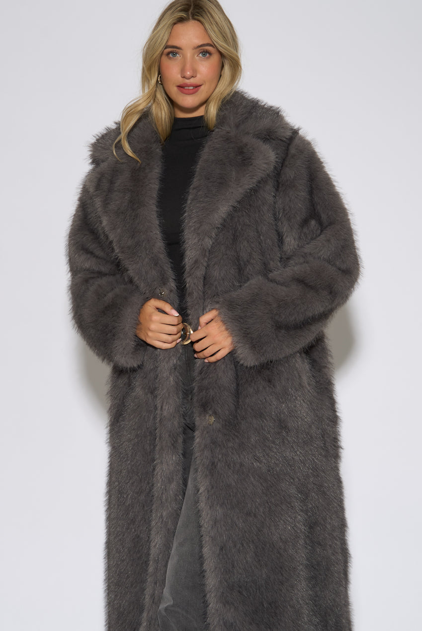 Grey Blue Belted Faux Fur Longline Jacket GL2302