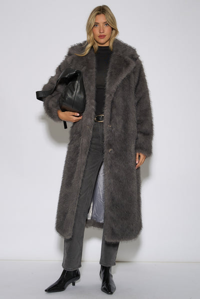 Grey - Grey Blue Belted Faux Fur Longline Jacket by Gini London