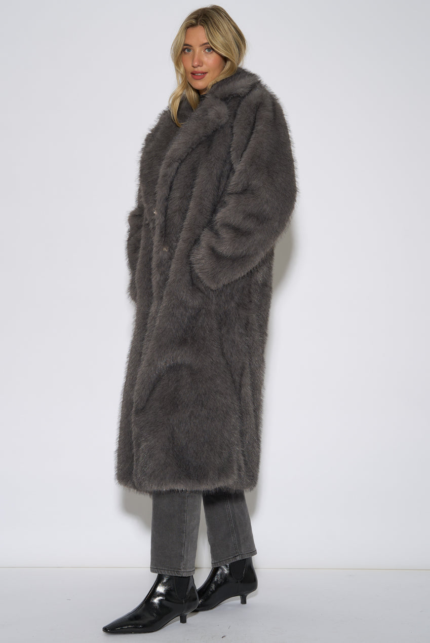 Grey Blue Belted Faux Fur Longline Jacket GL2302