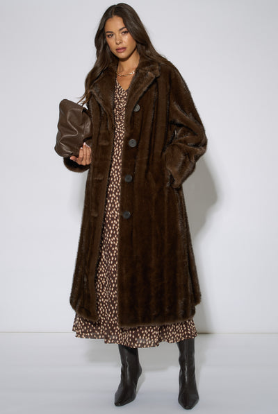 Brown - Brown Two Tone Maxi Faux Fur Coat Jacket by Gini London