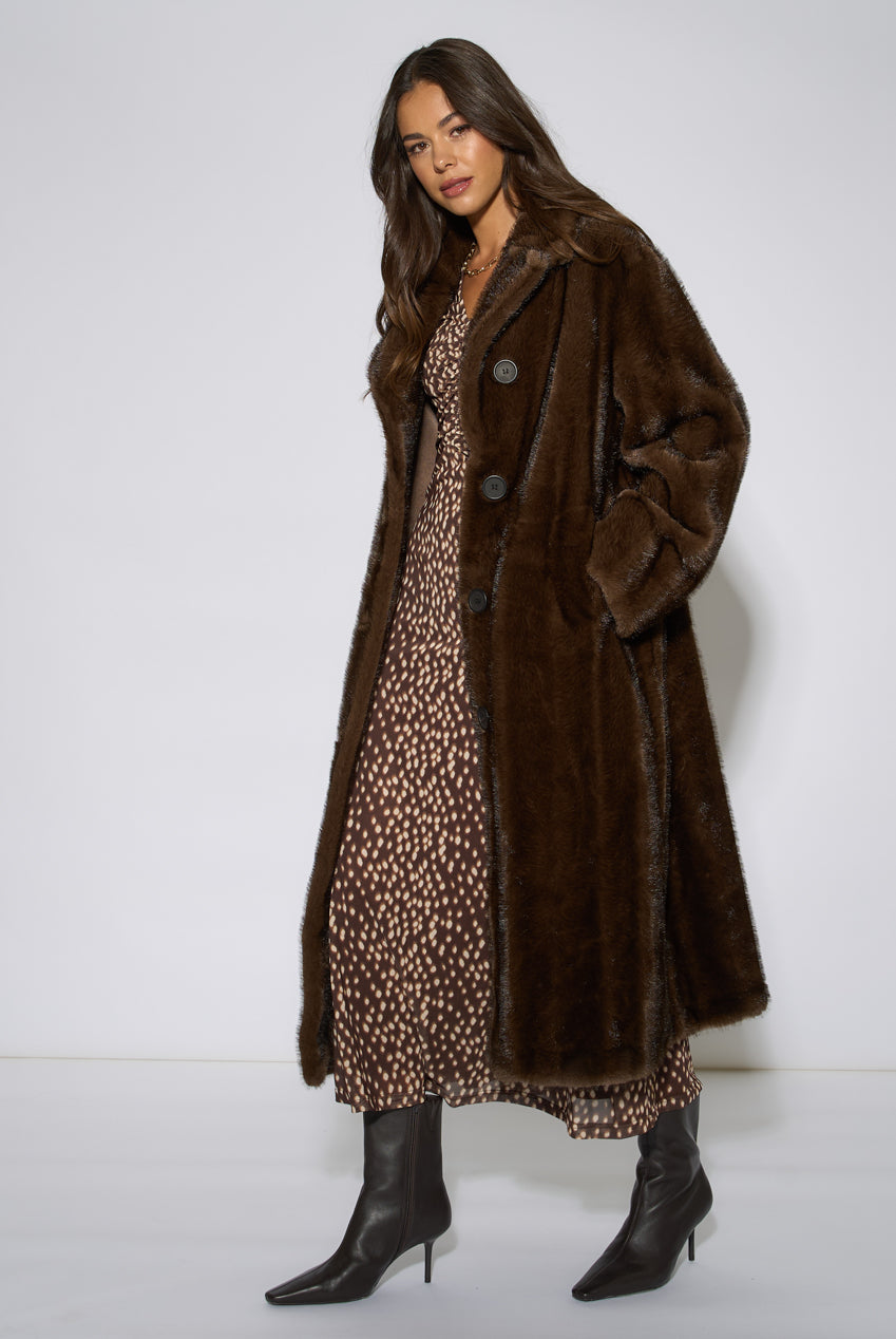 Brown Two Tone Maxi Faux Fur Coat Jacket GL2303