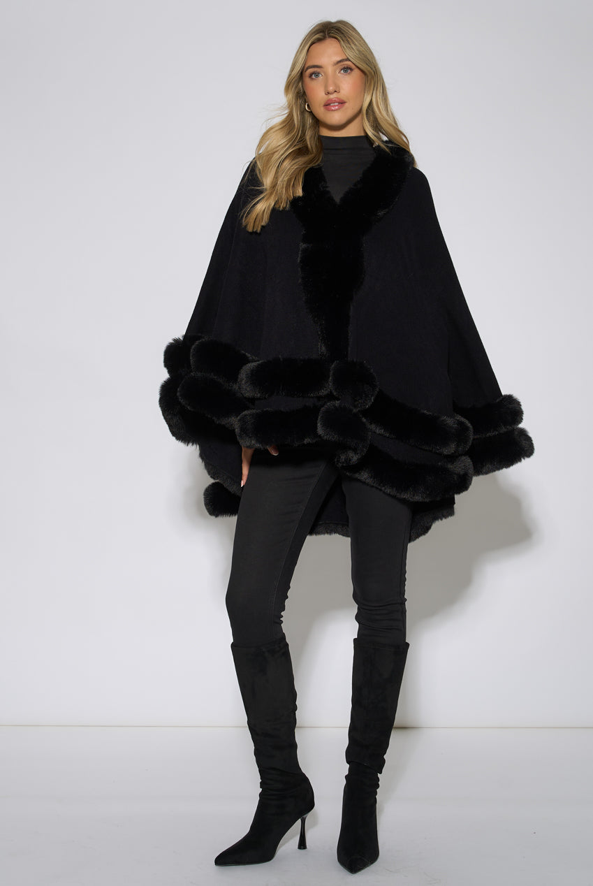 Black Double Layer Fur Trim Cape GL2307