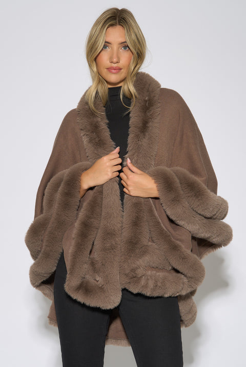 Brown Double Layer Fur Trim Cape by Gini London