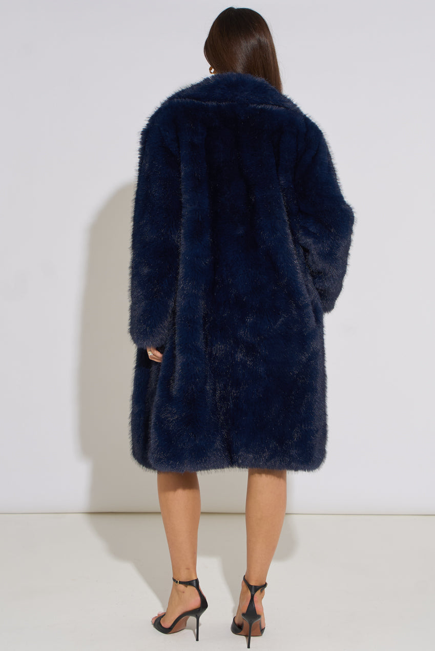 Dark Blue Panelled Faux Fur Longline Jacket GL2311