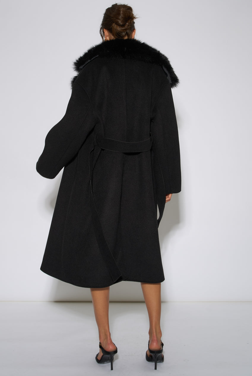 Black Faux Fur Trim Collar Longline Coat GL2312