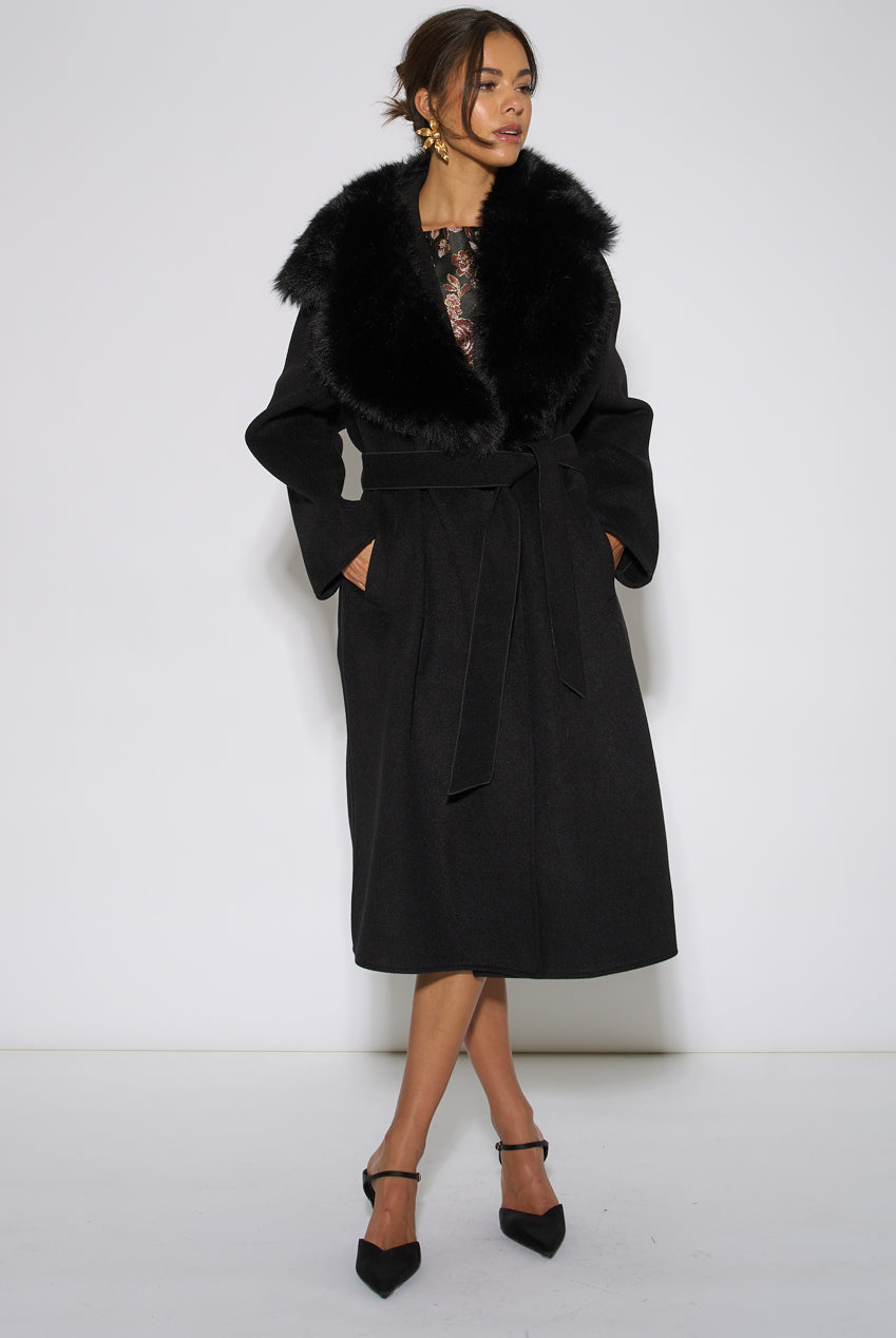 Black Faux Fur Trim Collar Longline Coat GL2312