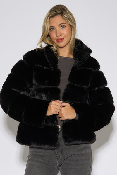 Black Panelled Funnel Neck Faux Fur Jacket by Gini London
