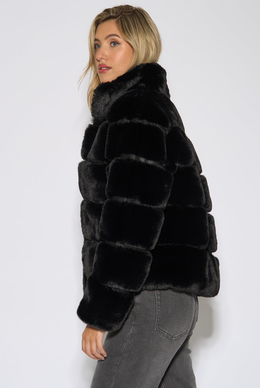 Black Panelled Funnel Neck Faux Fur Jacket GL2313