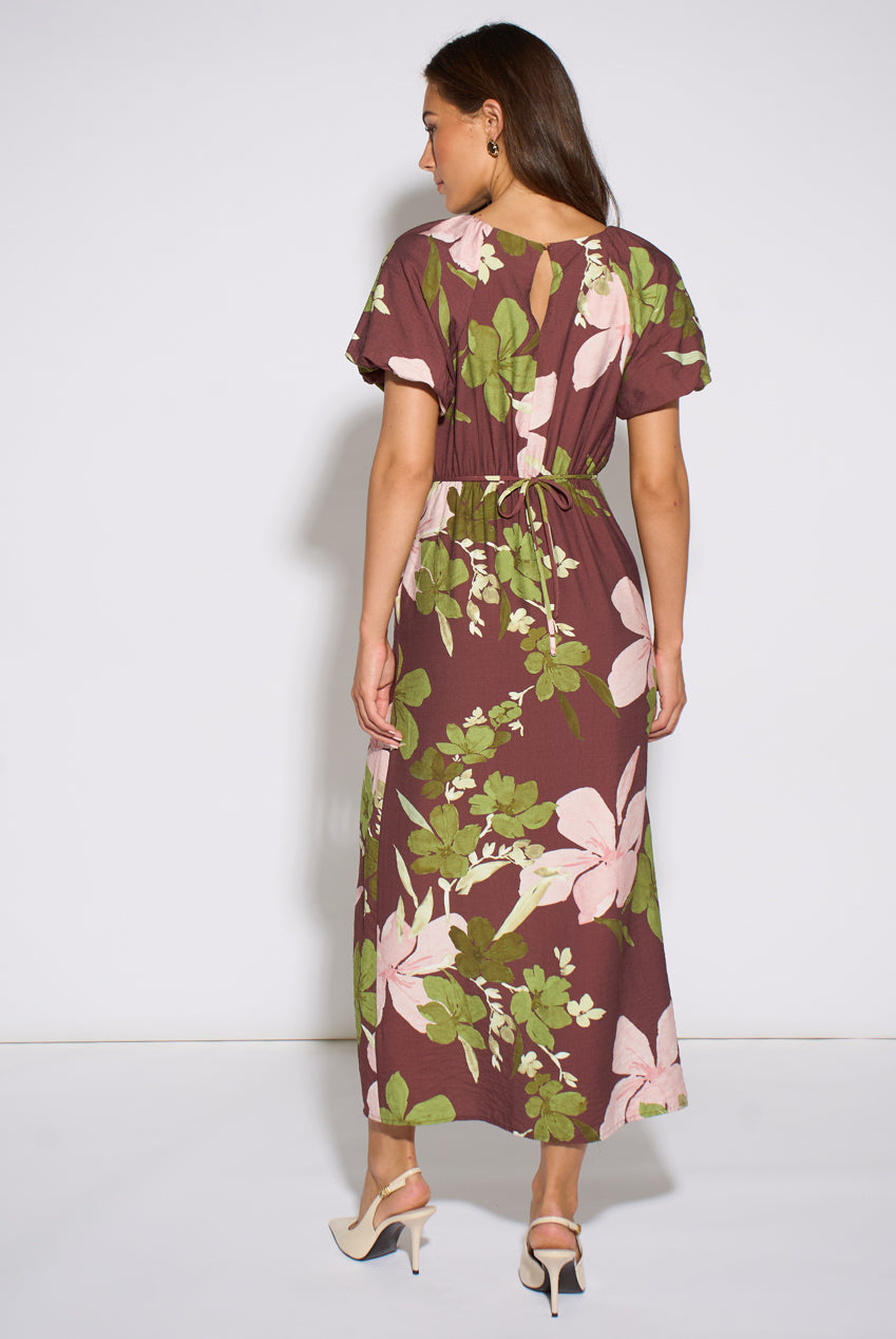 Brown Floral Puff Sleeves Midi Dress GL2314