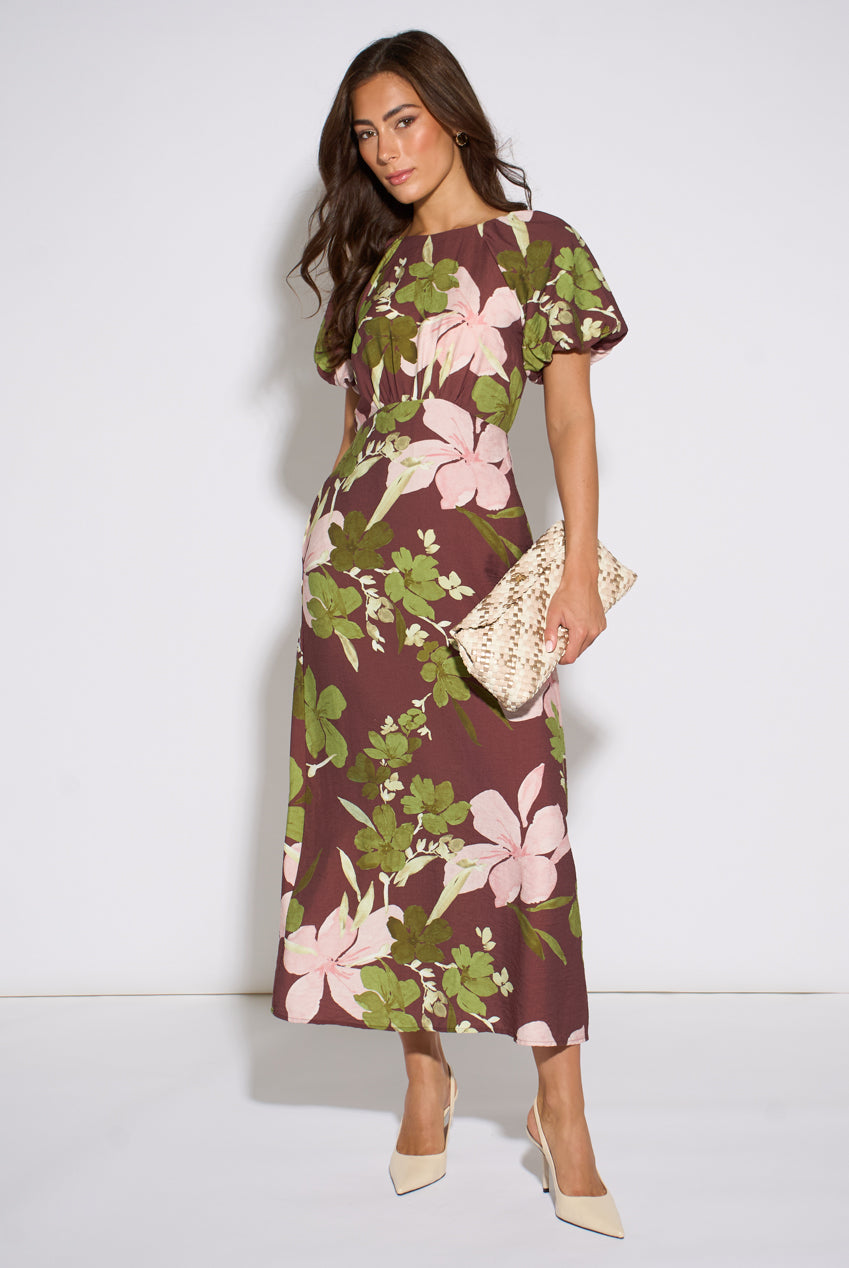Brown Floral Puff Sleeves Midi Dress GL2314