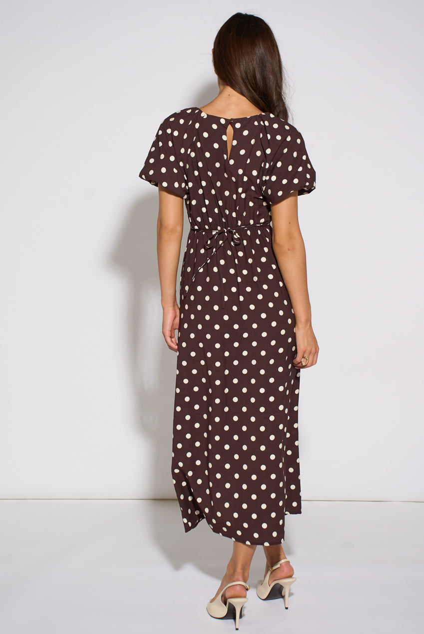 Brown Spot Puff Sleeves Midi Dress GL2315