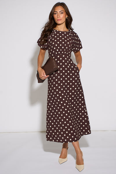 Brown - Brown Spot Puff Sleeves Midi Dress by Gini London