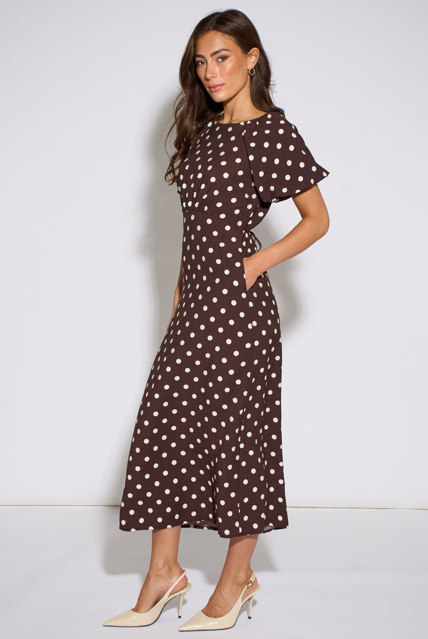 Brown Spot Puff Sleeves Midi Dress GL2315