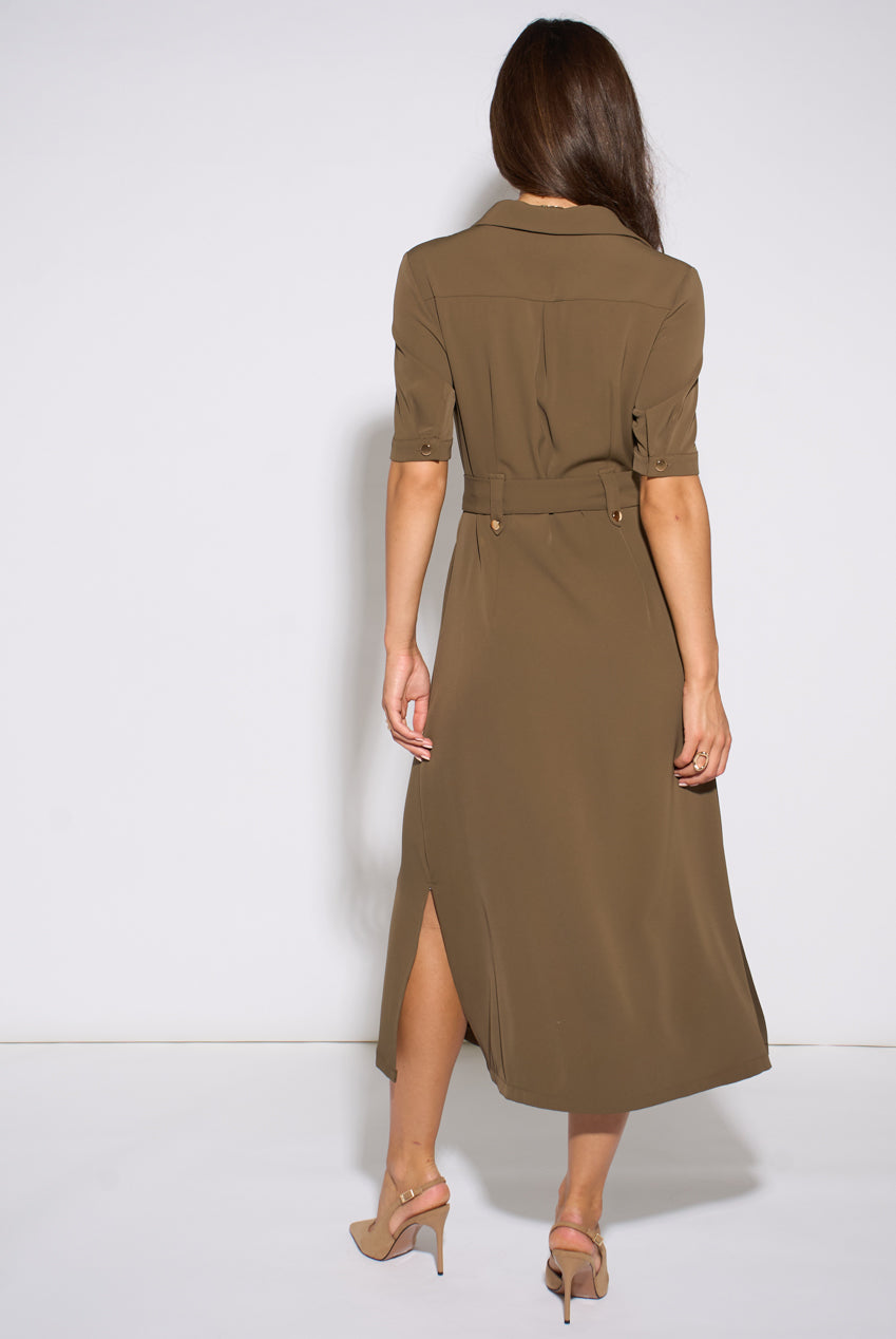 Taupe Gold Hardware Detail Utility Shirt Dress GL2316