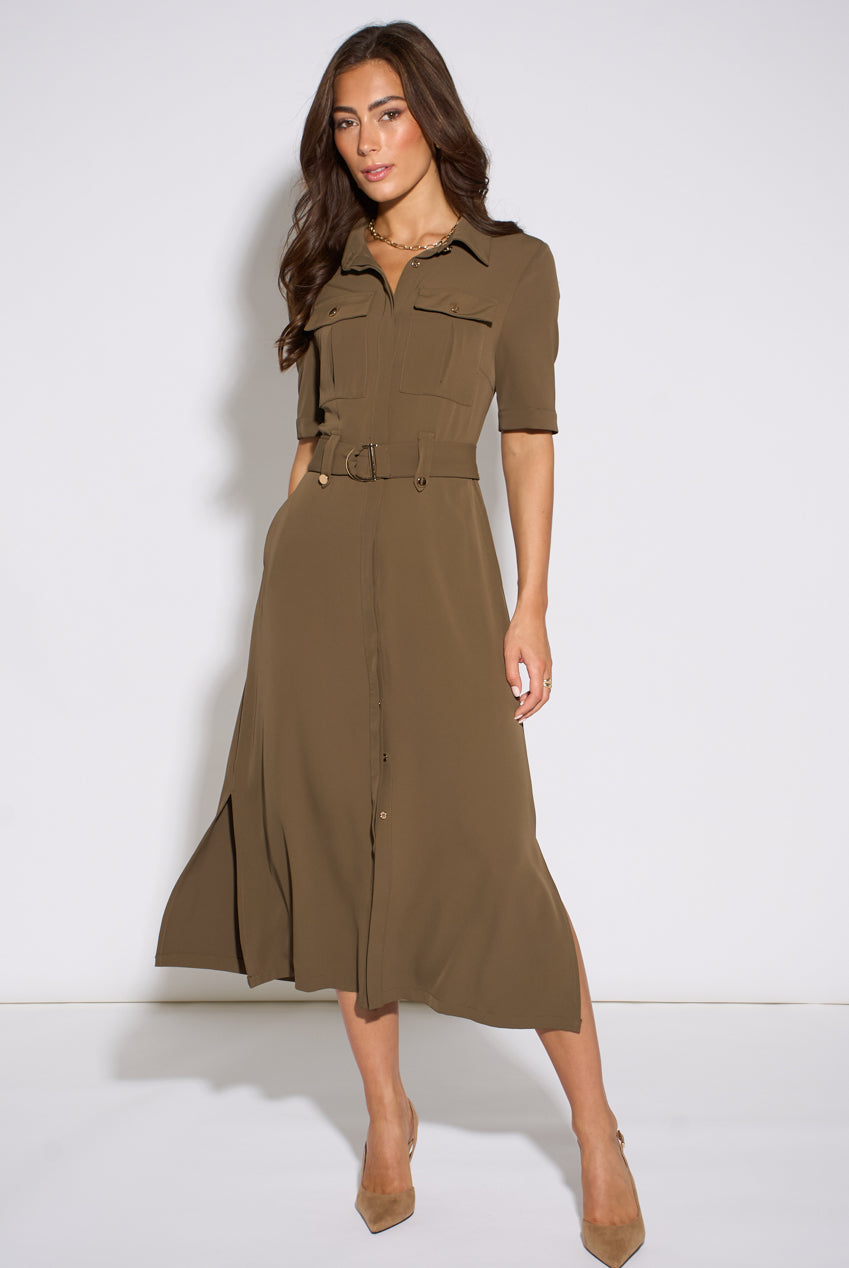 Taupe Gold Hardware Detail Utility Shirt Dress GL2316