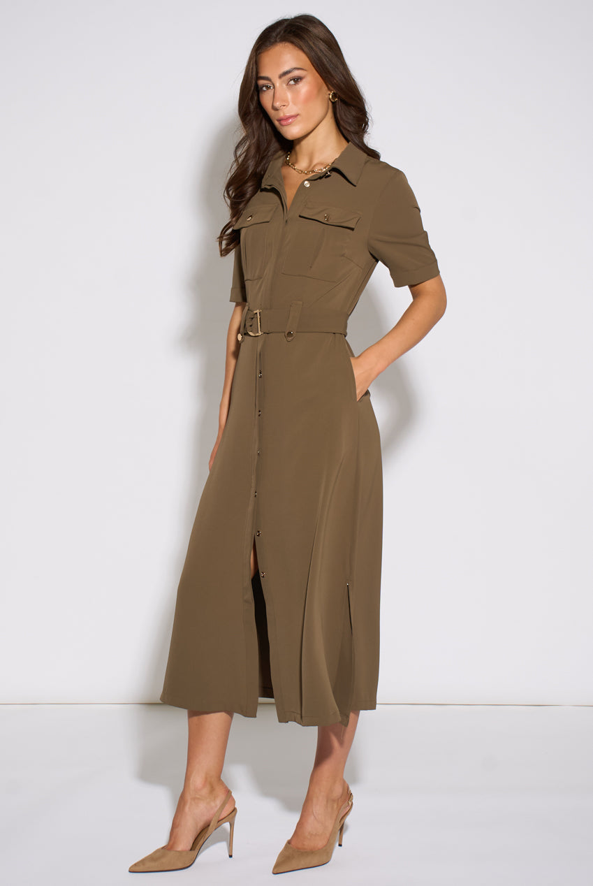 Taupe Gold Hardware Detail Utility Shirt Dress GL2316