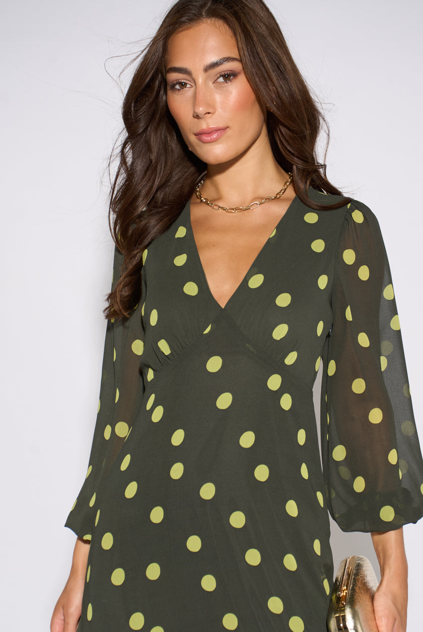 Green Lime Spot V Neck Midi Dress GL2318