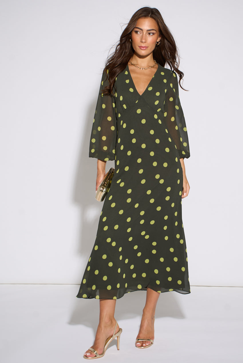 Green Lime Spot V Neck Midi Dress GL2318