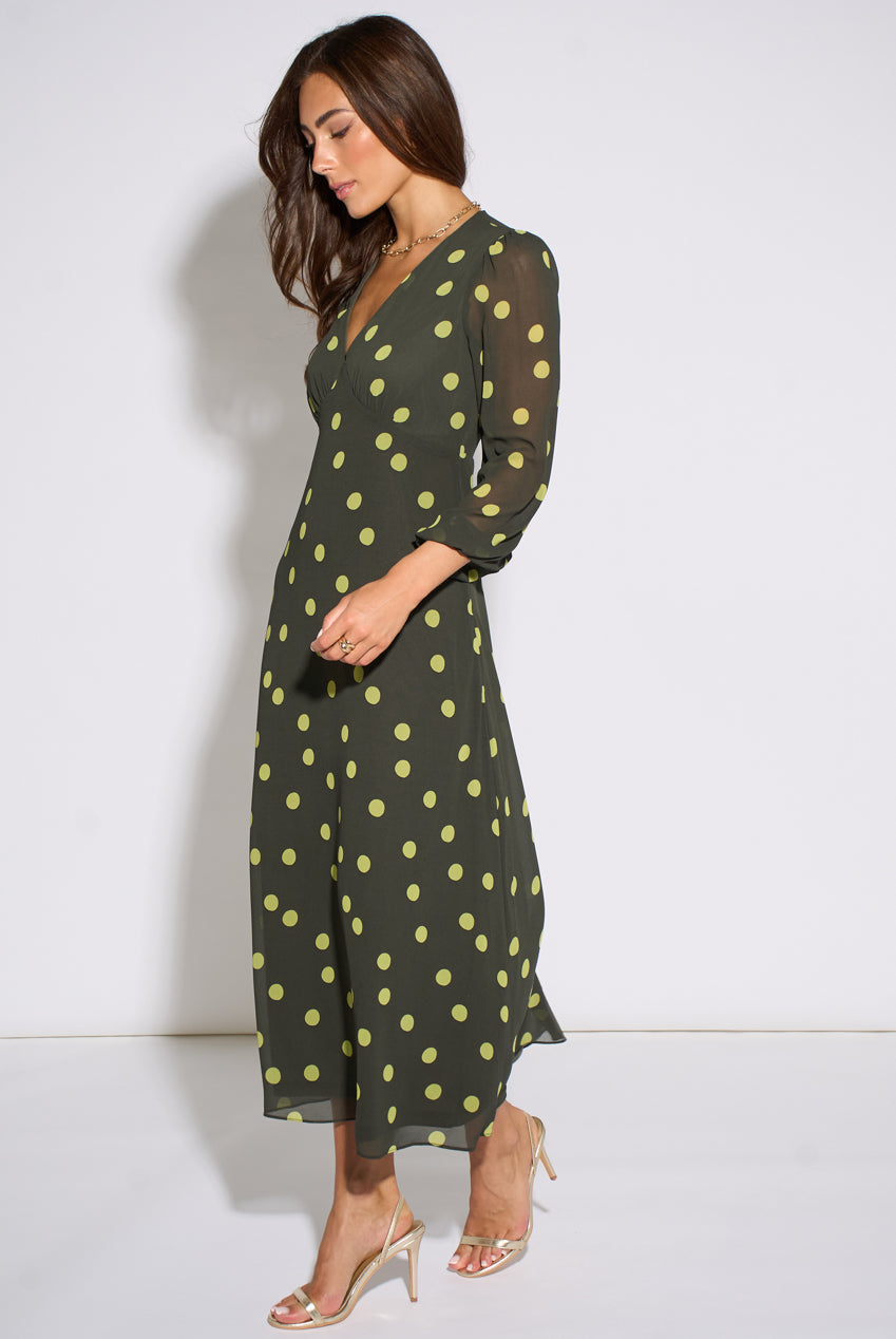 Green Lime Spot V Neck Midi Dress GL2318