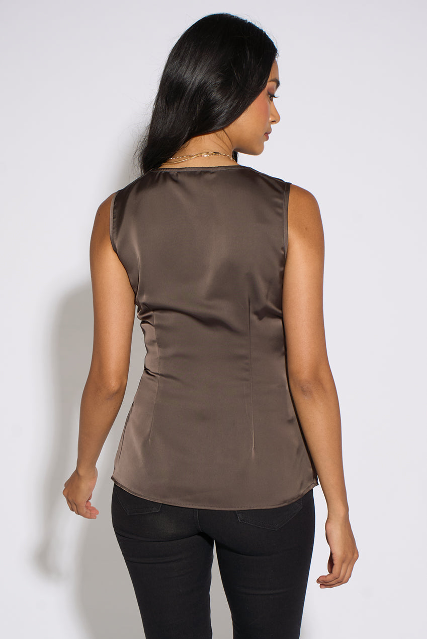 Brown Satin Sleeveless Waistcoat Top GL2319