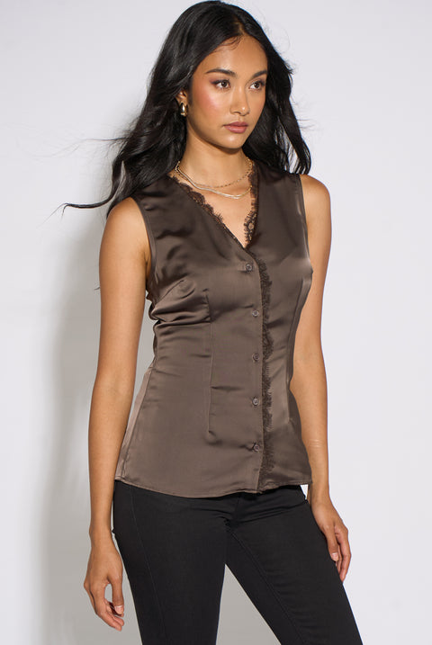 Brown Satin Sleeveless Waistcoat Top by Gini London