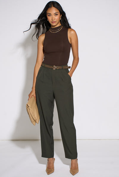 Dark Green - Dark Green Tapered Belted Trouser by Gini London